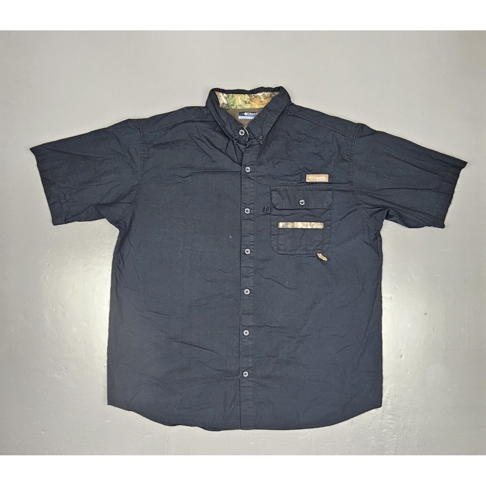 Columbia PHG Button Up Shirt Mens‎ XL Black Vented Short Sleeve With Camo